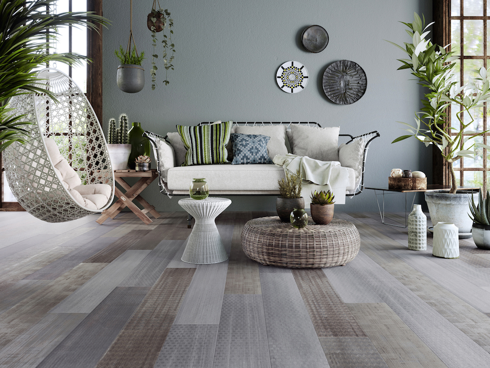 Interieurinspiratie: pvc vloeren met dessin Mystical waarbij hout en textiel zijn verweven. Expressive Floors uit de Impress collectie van Moduleo #vloeren #pvcvloer #moduleo #interieur #houtenvloer